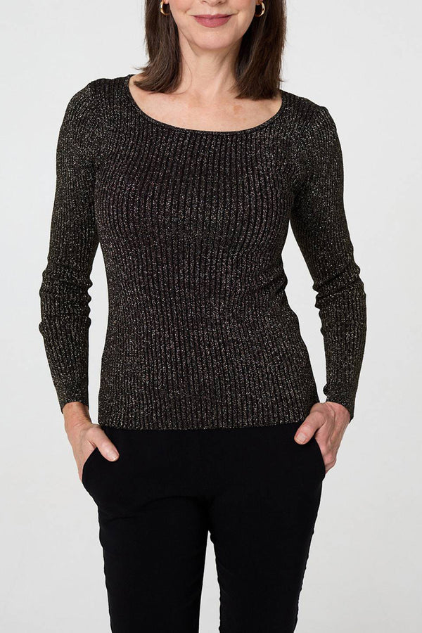 Black | Sparkle Textured Long Sleeve Fitted Top