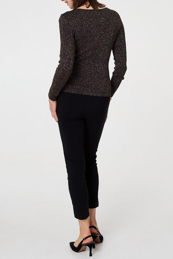 Black | Sparkle Textured Long Sleeve Fitted Top