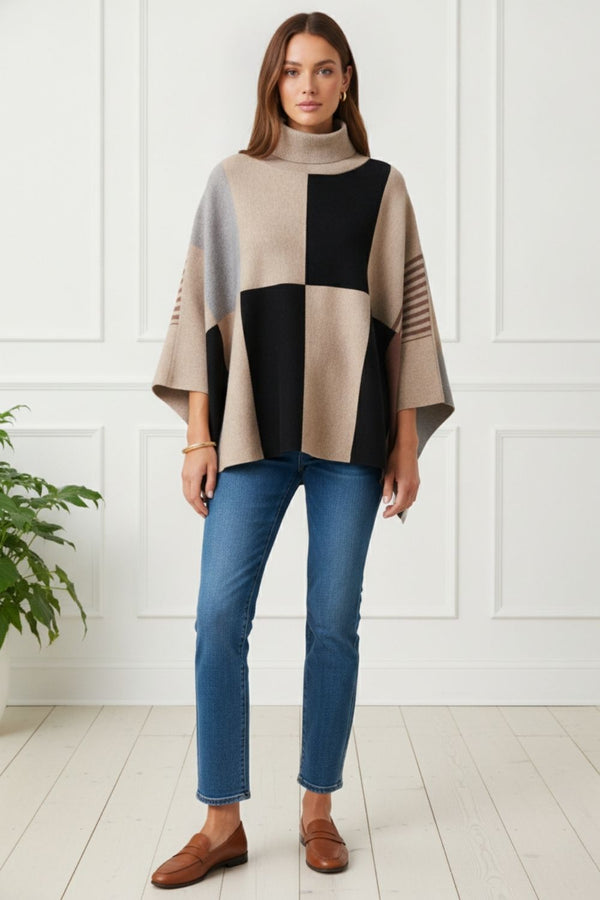 Colour Block Roll Neck Knit Poncho| BROWN