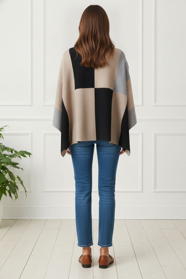 Colour Block Roll Neck Knit Poncho| BROWN