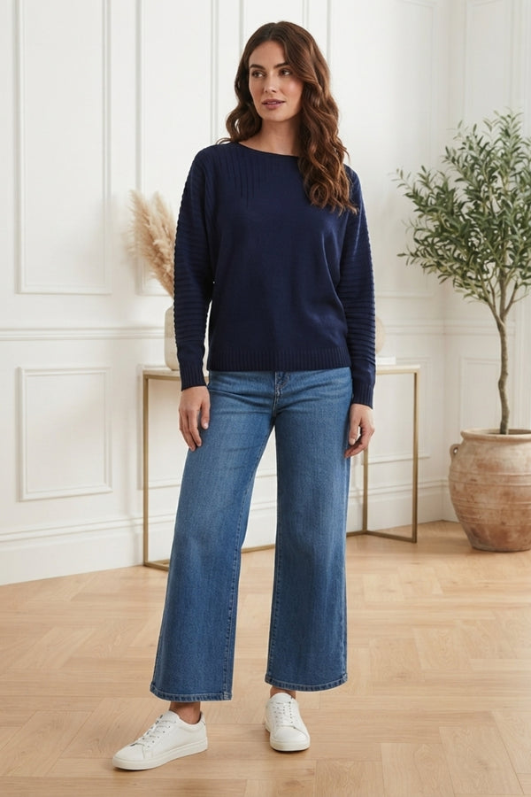 Striped Texture Knit Boat Neck Jumper| NAVY