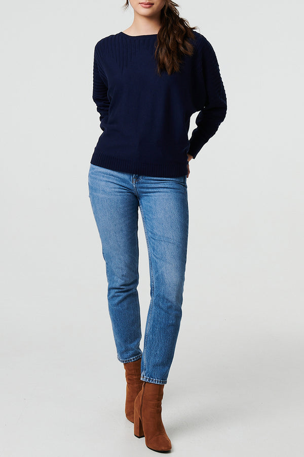 NAVY | Striped Texture Knit Boat Neck Jumper