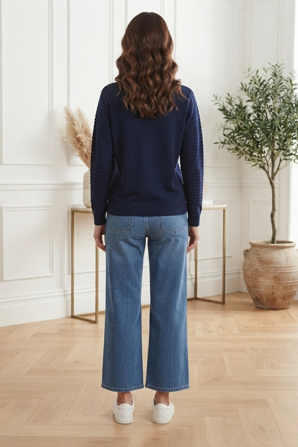 Striped Texture Knit Boat Neck Jumper| NAVY