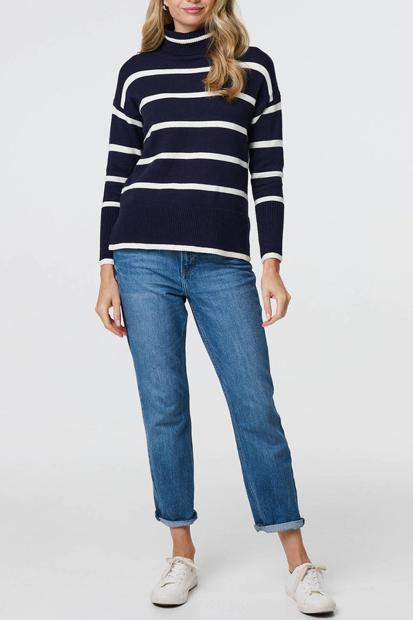 NAVY | Striped Roll Neck Long Sleeve Jumper