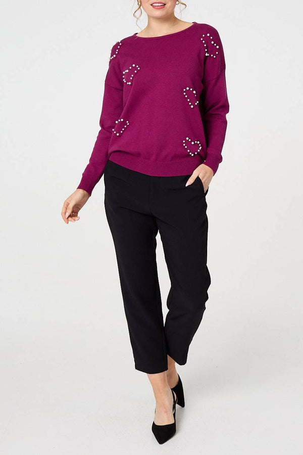 MAGENTA | Heart Embellished Boat Neck Jumper