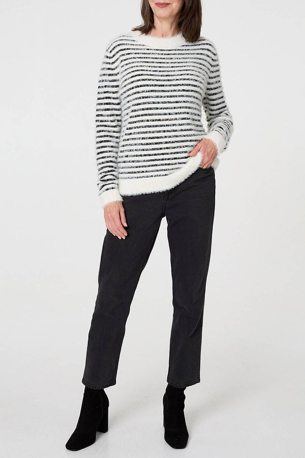 MULTI WHITE | Striped Textured Long Sleeve Jumper
