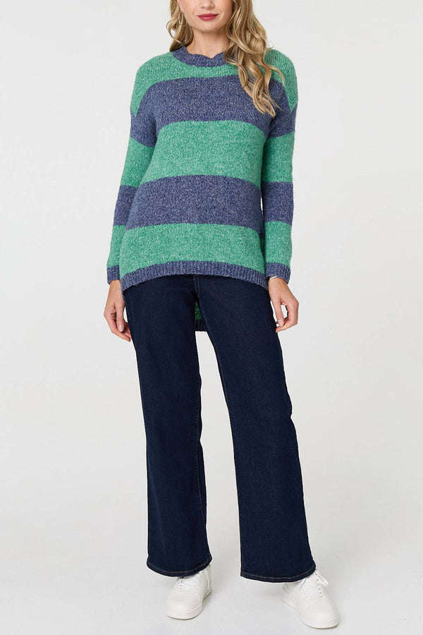 GREEN | Striped Drop Shoulder Curve Hem Jumper
