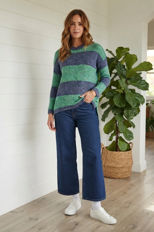 Striped Drop Shoulder Curve Hem Jumper| GREEN