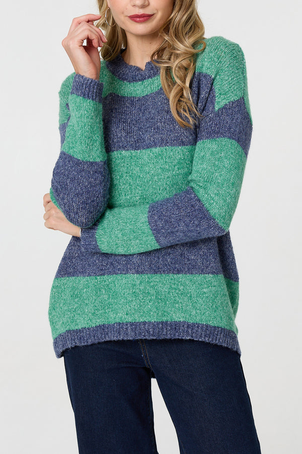 GREEN | Striped Drop Shoulder Curve Hem Jumper