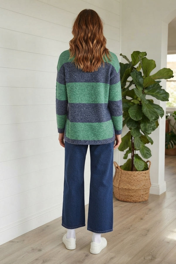 Striped Drop Shoulder Curve Hem Jumper| GREEN