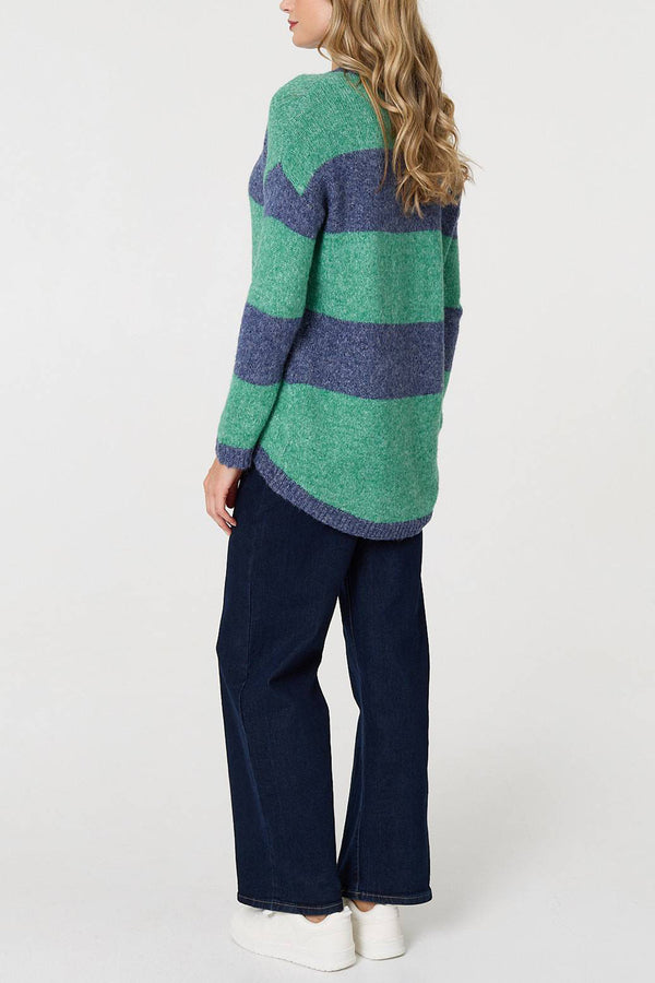 GREEN | Striped Drop Shoulder Curve Hem Jumper