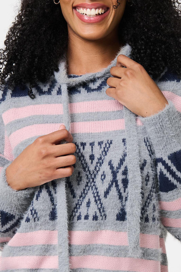 MULTI GREY | Fairisle Soft Knit Hooded Jumper