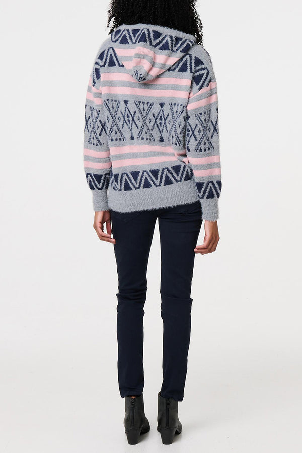 MULTI GREY | Fairisle Soft Knit Hooded Jumper