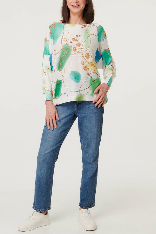 Printed Relaxed Texture Long Sleeve Top| GREEN
