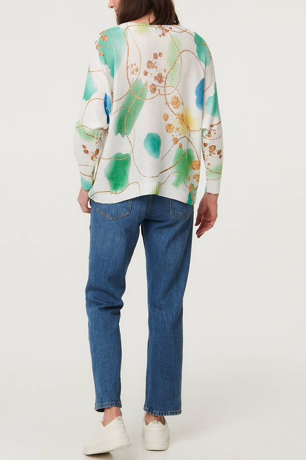 Printed Relaxed Texture Long Sleeve Top| GREEN