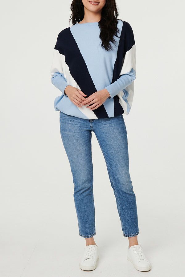 BLUE | Colour Block Batwing Sleeve Jumper
