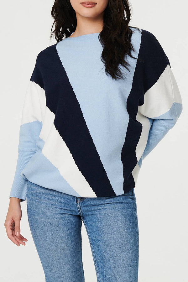 BLUE | Colour Block Batwing Sleeve Jumper