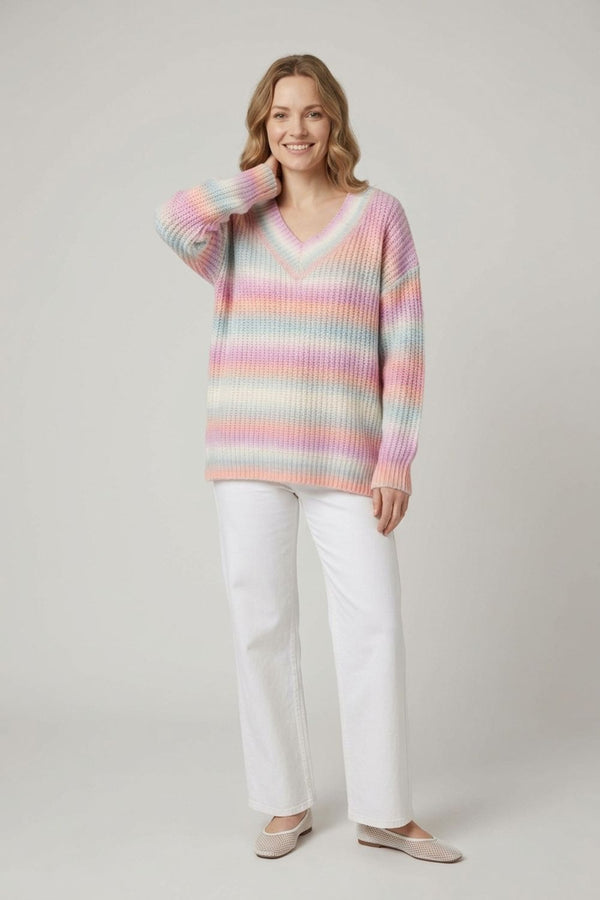 Striped V-Neck Relaxed Textured Jumper| LAVENDER