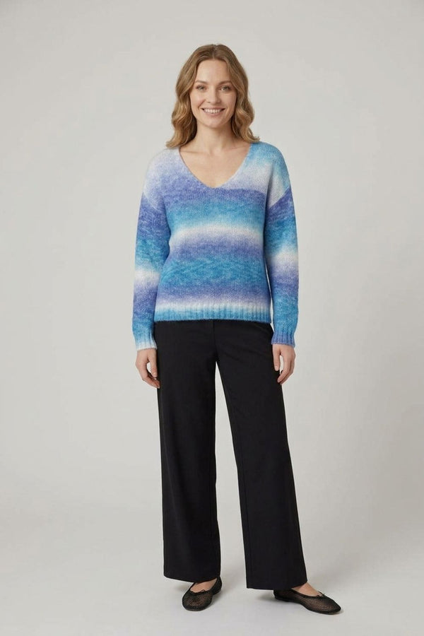 Rainbow Print Relaxed V-Neck Jumper| MULTI BLUE