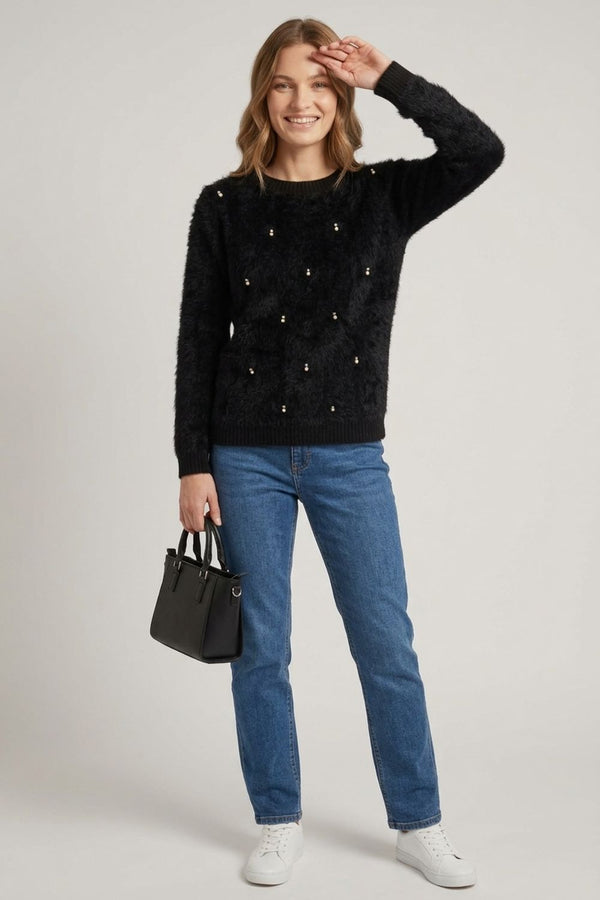 Soft Textured Pearl Embellished Jumper| BLACK