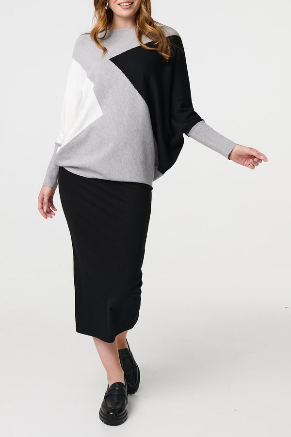 GREY | Colour Block Oversized Batwing Sleeve Jumper