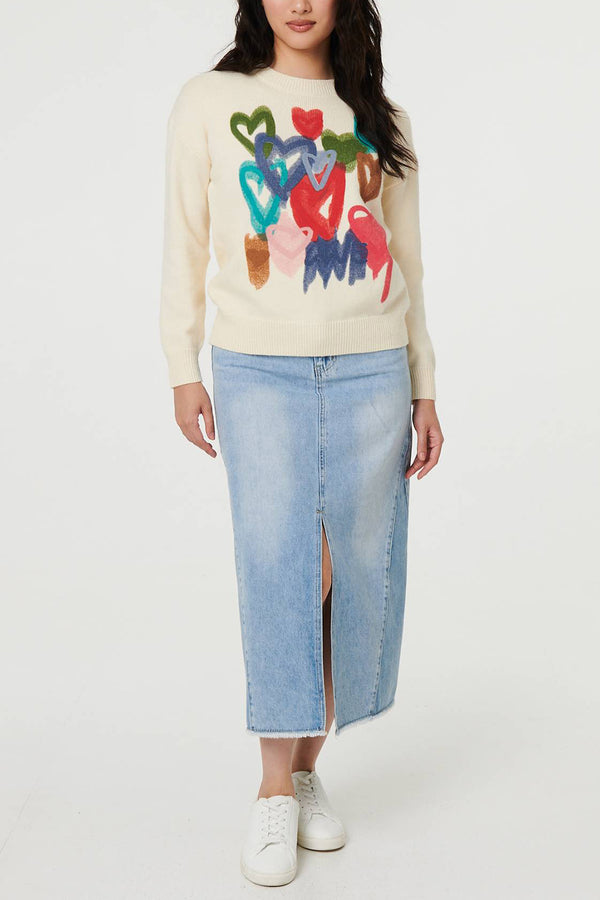 IVORY | Heart Print Long Sleeve Relaxed Jumper