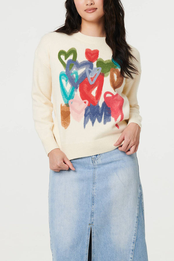 IVORY | Heart Print Long Sleeve Relaxed Jumper