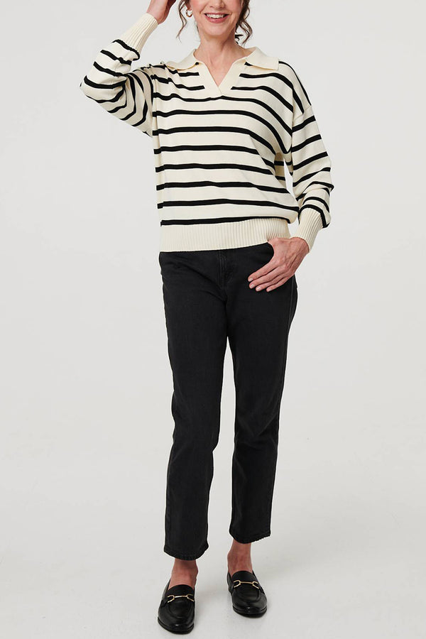 BLACK | Striped Print Relaxed Collared Pullover