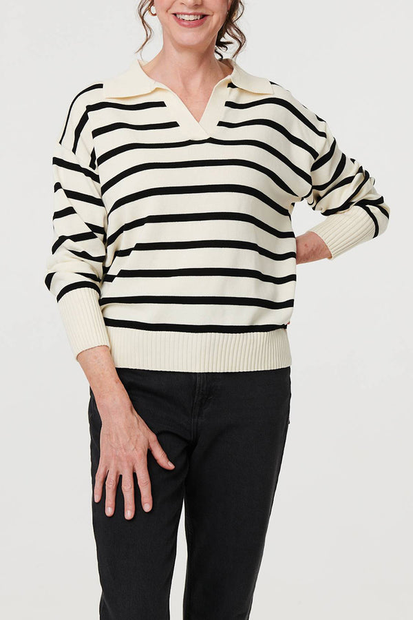 BLACK | Striped Print Relaxed Collared Pullover