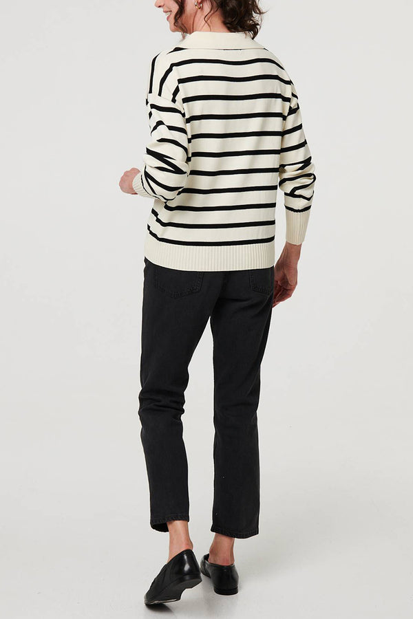 BLACK | Striped Print Relaxed Collared Pullover