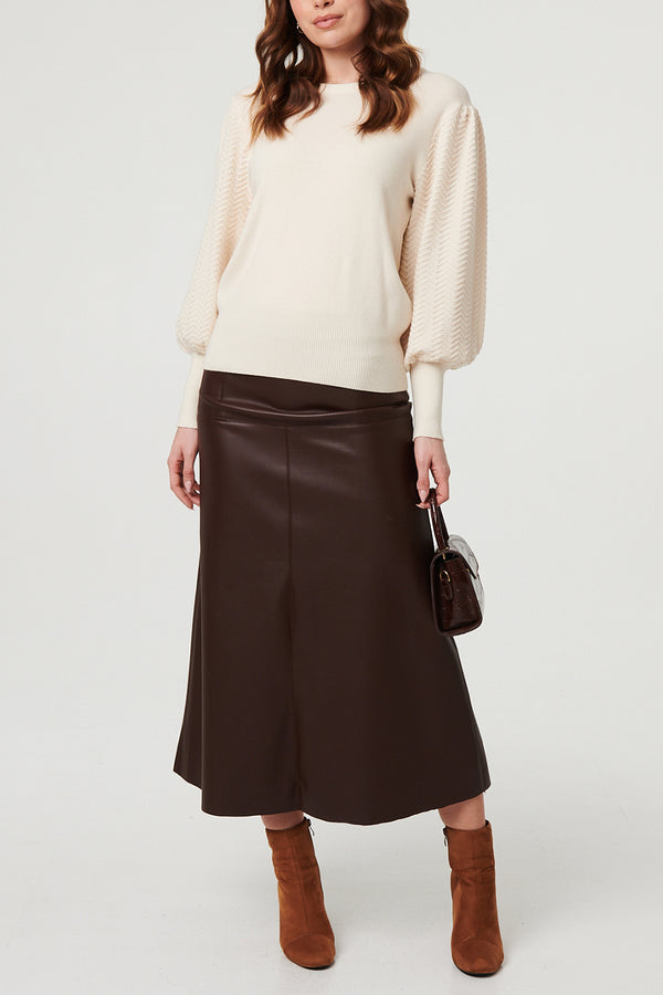 Beige | Chevron Texture Bishop Sleeve Jumper