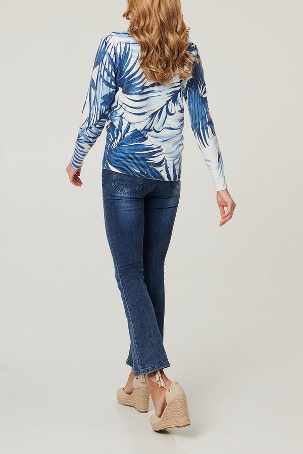 MULTIBLUE / Leaf Print Long Sleeve Slim Jumper