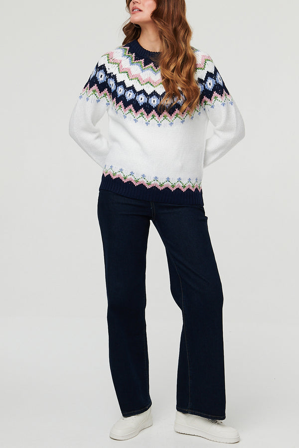 White | Fairisle Print Relaxed Textured Jumper