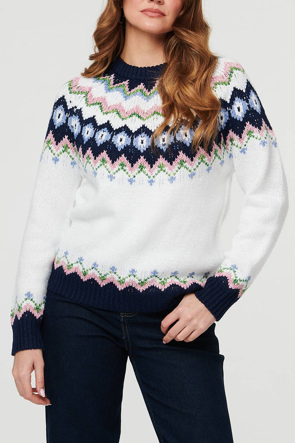 White | Fairisle Print Relaxed Textured Jumper