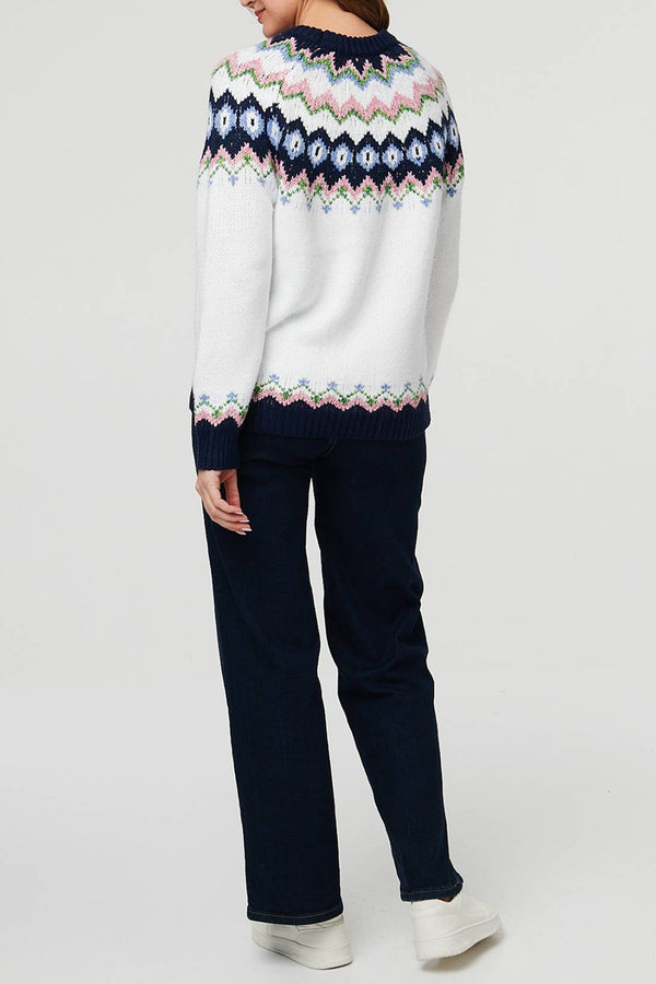 White | Fairisle Print Relaxed Textured Jumper