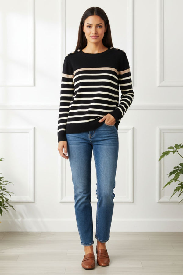 Striped Button Shoulder Detail Jumper| MULTI BLACK