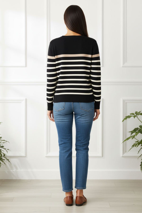 Striped Button Shoulder Detail Jumper| MULTI BLACK