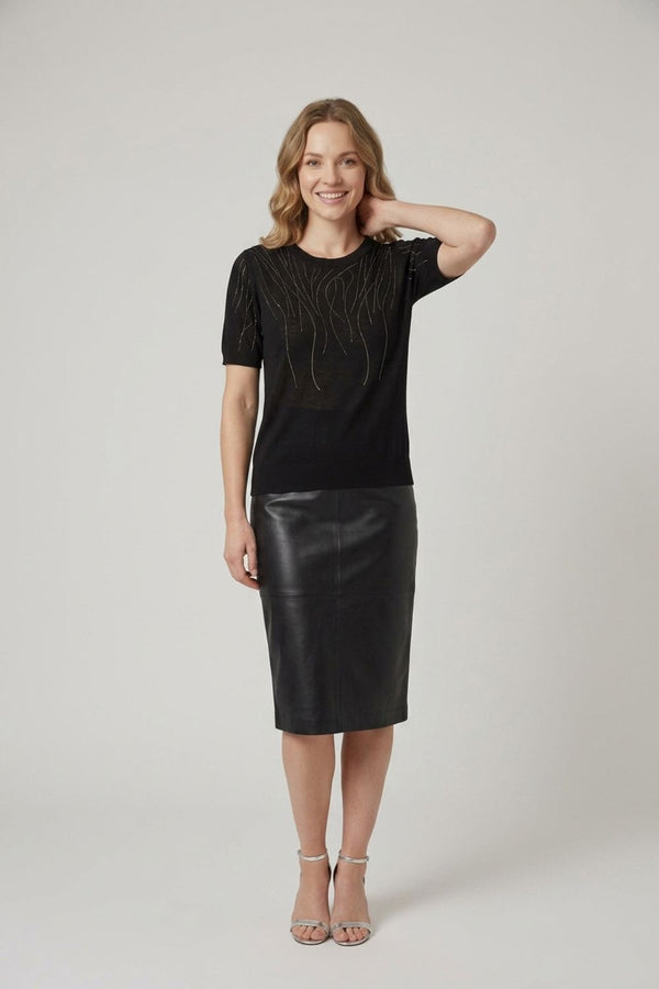 Diamante Detail Short Sleeve Knit Top| BLACK