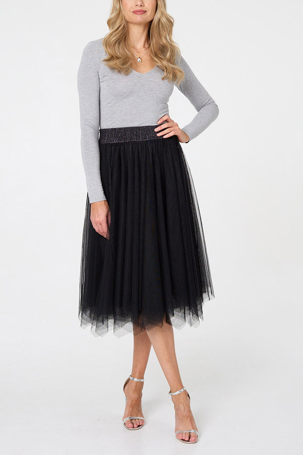 BLACK | Reversible Sparkly Mesh Midi Skirt
