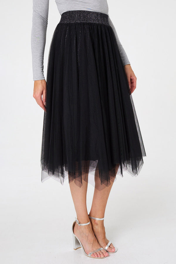 BLACK | Reversible Sparkly Mesh Midi Skirt