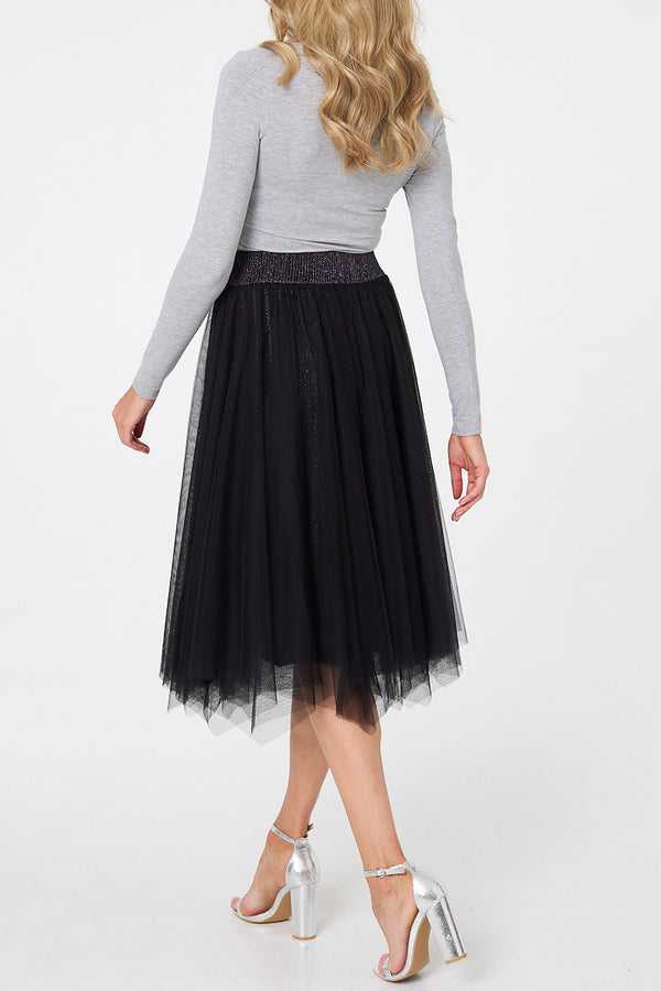 BLACK | Reversible Sparkly Mesh Midi Skirt