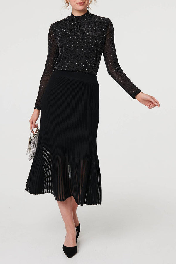 BLACK | Semi Sheer Layered Pleated Midi Skirt