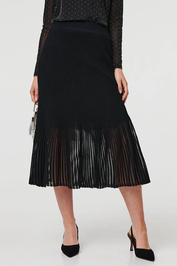 BLACK | Semi Sheer Layered Pleated Midi Skirt