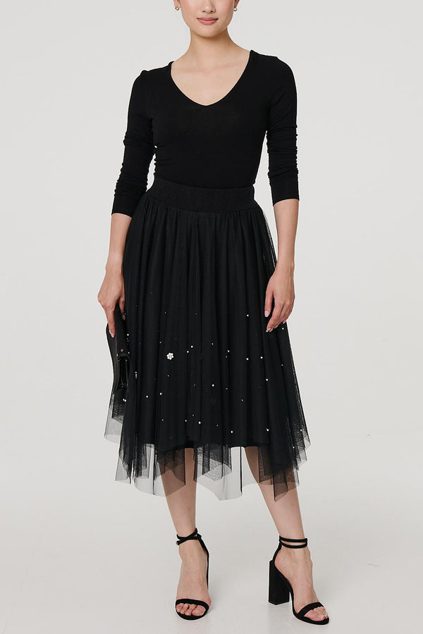 BLACK| Reversible Sparkly Pleat Mesh Midi Skirt