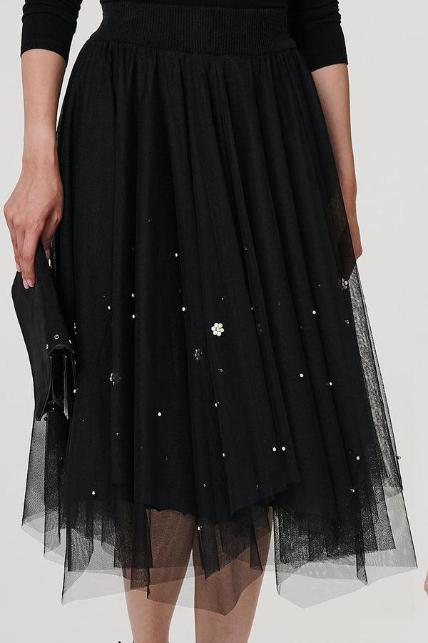 BLACK| Reversible Sparkly Pleat Mesh Midi Skirt