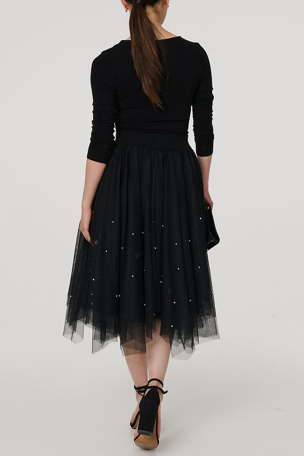 BLACK| Reversible Sparkly Pleat Mesh Midi Skirt