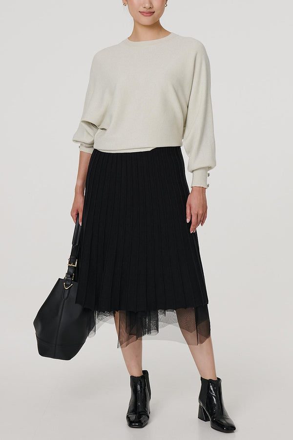 BLACK| Reversible Sparkly Pleat Mesh Midi Skirt