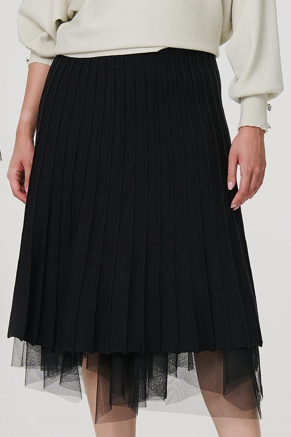 BLACK| Reversible Sparkly Pleat Mesh Midi Skirt