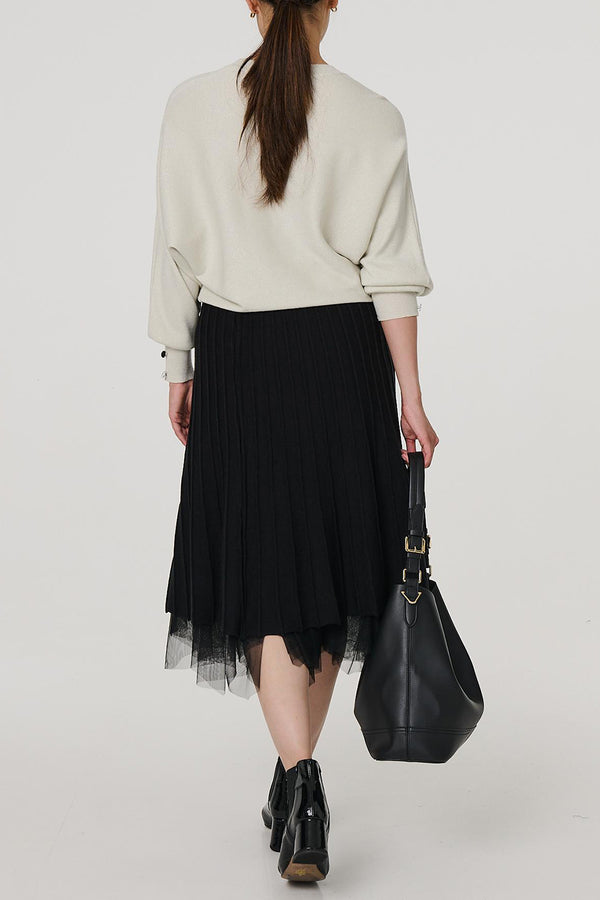 BLACK| Reversible Sparkly Pleat Mesh Midi Skirt