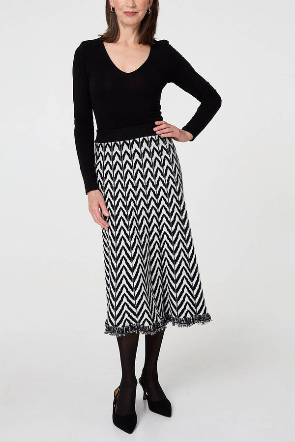 MULTI BLACK| Chevron Print High Waist Knit Midi Skirt